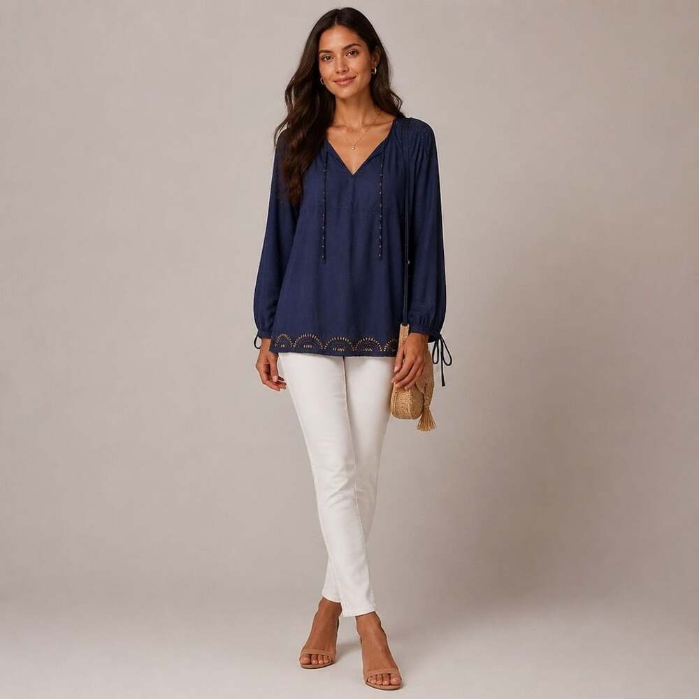 Da-Nang Silk Cotton Blend Navy Blue Beaded Bohemian Tunic Blouse